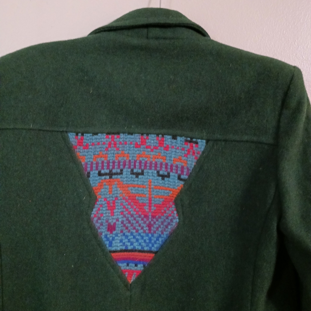 Wool Blend Coat Green Pea  Button Sz Medium Aztec Stitch Front Back - Picture 4 of 9